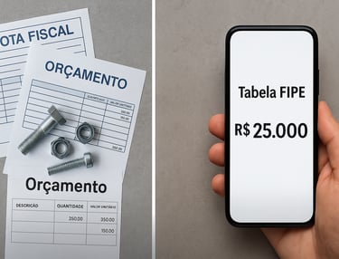 Comparativo entre orçamento de peças e nota fiscal à esquerda e valor do carro na Tabela FIPE à dire