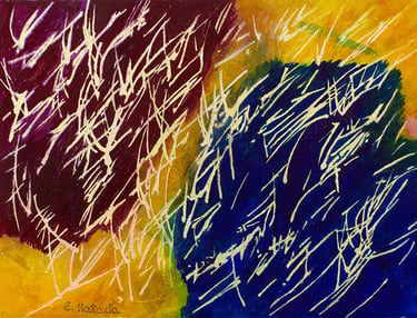 Abstract painting of metallic jagged lines over colorful fields