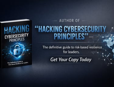Hacking Cybersecurity Principles book cover and promotional banner for risk-based resilience for leaders.