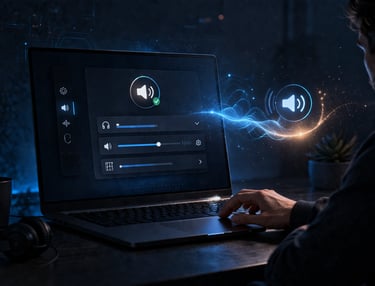  Uma pessoa ajustando as configurações de áudio em um laptop