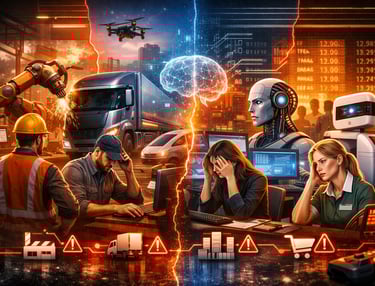 Uma ilustração digital que mostra o impacto da automação por IA no trabalho humano 