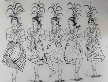 Group of tribal girls dancing in traditional attire with ethnic jewelry during cultural celebration