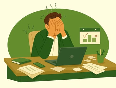 a stressed out and burned out man sitting at a desk with a laptop computer