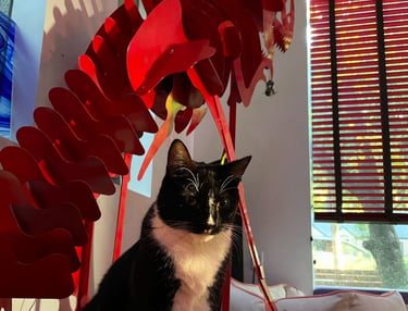steel metal red dragon with a black and white cat in the middle