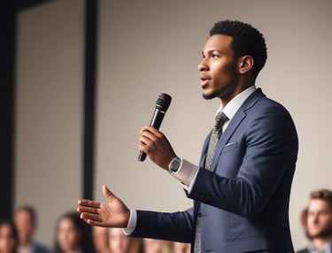 A man in a suit and tie is speaking into a microphone