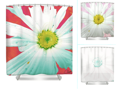 3 Shower Curtains with an artistic digital images of a Daisy flower close up. 