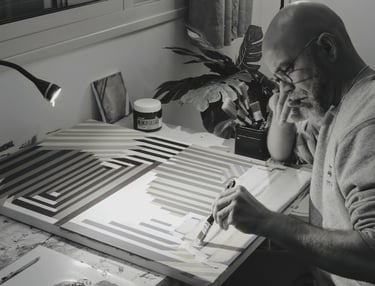 Artist Yonathan Niv working in his studio on abstract paintings and print layouts, surrounded by ori