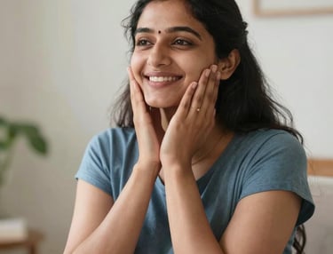 A serene image of a woman practicing gentle yoga in a sunlit room surrounded by plants.