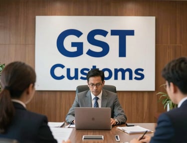 A courtroom scene with a confident lawyer presenting a case.