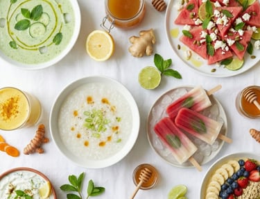 Healthy summer food flat lay featuring watermelon salad, fruit popsicles, and green gazpacho soup.