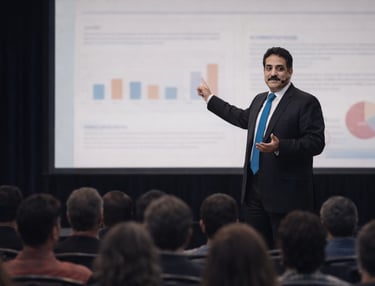 Professional businessman presenting data charts to an audience during a corporate seminar.