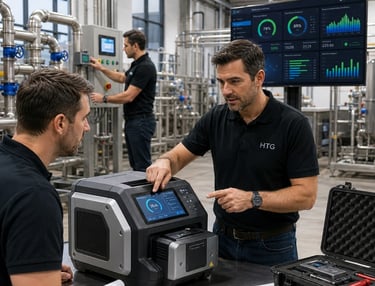 Industrial engineers using a portable diagnostic device to monitor factory equipment and digital analytics.