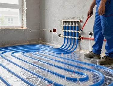 Modern office reception area with plumbing and heating blueprints on the wall.