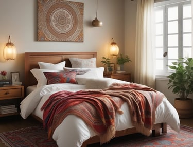 A bright bedroom showcasing a comfortable bed and matching wooden furniture.