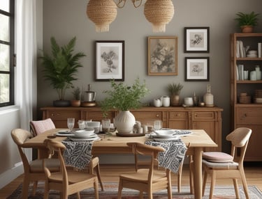 A modern dining room with an elegant wooden dining table and chairs.