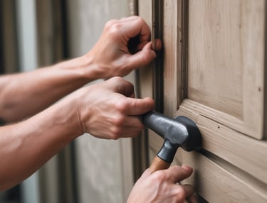 A handyman carefully fixing a wooden door hinge in a cozy home.