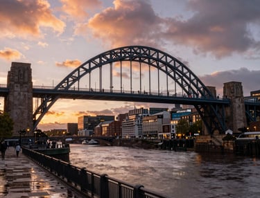 Tyne Bridge arch over River Tyne at sunset with Newcastle Quayside skyline.