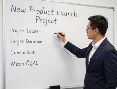 Instructor giving a presentation to a group around a conference table in a bright, icy blue room.
