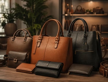A collection of luxury leather handbags, wallets, and totes in brown and black displayed in a boutique.