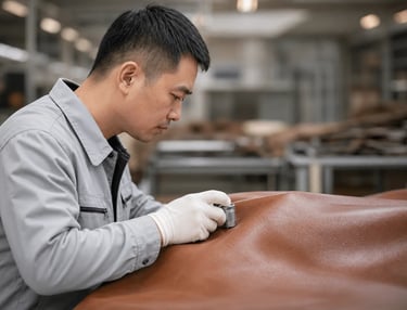 A male quality control technician inspecting genuine brown leather texture with a magnifying tool.