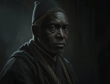 Cinematic portrait of an elderly African man in dark traditional robes with a gold chain.