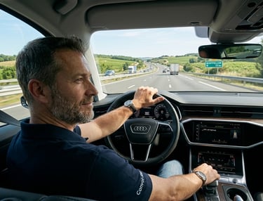 Convoyeur professionnel expérimenté conduisant sereinement une voiture sur l'autoroute