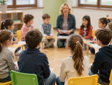 Children engaged in creative arts and crafts with bright pastel colors surrounding them.