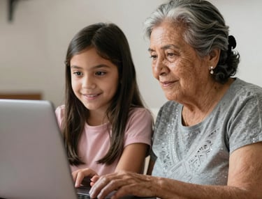 A happy child practicing English with family at home.