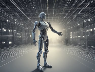 Sleek modern office with professionals analyzing AI strategy charts on screens.