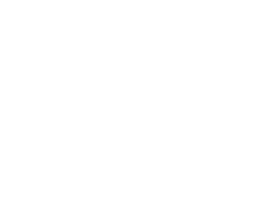 White lotus flower logo for Manuela Fadul Terapeuta Integrativa on a black background.