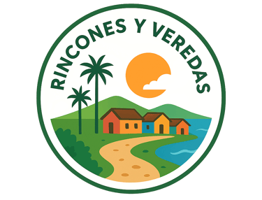 Circular logo for Rincones y Veredas featuring a tropical landscape with mountains, palm trees, and colorful houses.