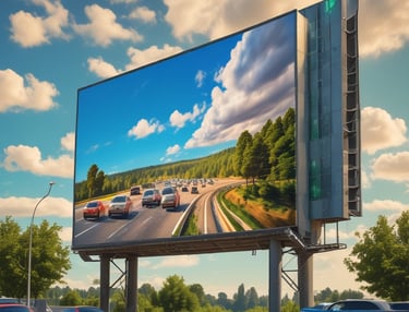 A large roadside billboard showcasing a vibrant advertisement under a clear blue sky.