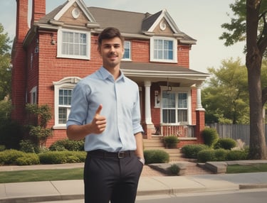 An old wooden house with a brown tiled roof stands in front of two modern high-rise apartment buildings. The house has a weathered appearance with a small window, and there is a 'for sale' sign on the side. The modern buildings behind are much taller, with multiple balconies and windows. The sky is a clear blue.