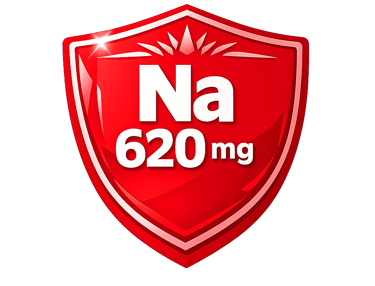Red shield icon displaying Na 620mg representing sodium content and nutritional information.