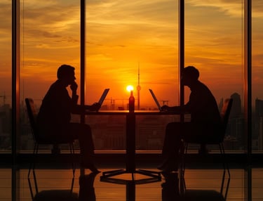 Professionals collaborating with digital business data.