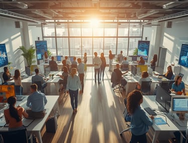 Future workplace where human teams collaborate seamlessly with AI agents for enhanced productivity