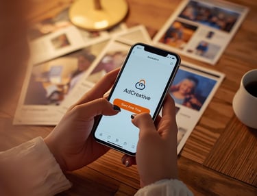 Starting free trial of AdCreative AI ad design platform on mobile device