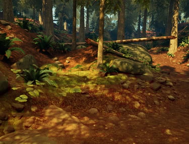 3D rendering of a mossy Pacific Northwest forest with sunlight filtering through trees.