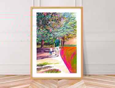 a painting of a man and a woman walking down a path