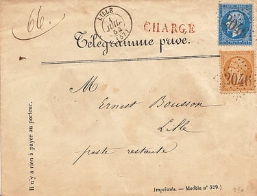 1864: Télégramme privé reçu à la station de LILLE et remis au bureau de poste.
