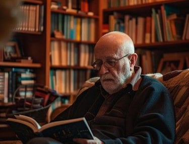 a man sitting on a couch in a library