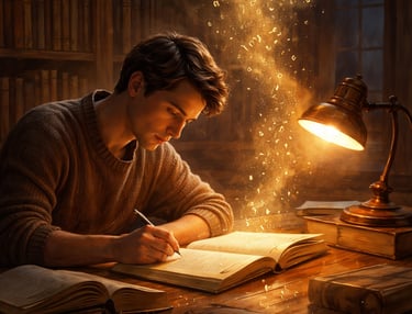 Pessoa lendo e analisando livros clássicos em biblioteca, com palavras flutuando, representando o de