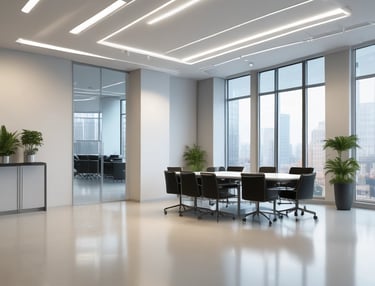 A person in a cleaning uniform is pushing a floor cleaning machine in front of a large wall made of blue-tinted glass blocks. The shadowed silhouette of another person is visible in the foreground, captured mid-step, creating a dynamic sense of motion.