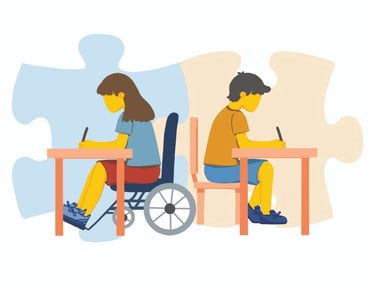 a disabled girl sitting on a wheel chair doing homework next to a boy. 2 puzzle pieces in the back