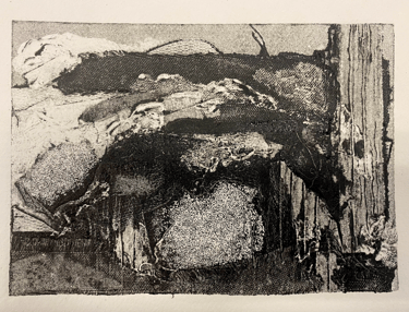 Printed image. Black ink. Print has textures created from canvas, thread, cardboard and sandpaper. 