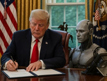 Donald Trump sentado à mesa do Salão Oval da Casa Branca, assinando documentos oficiais com express