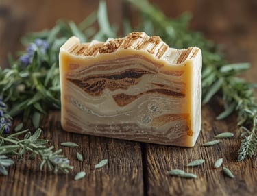a swirled homemade soap on wood table with botanicals nearby