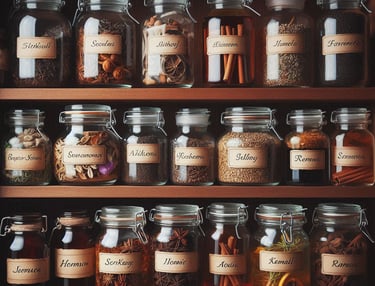 various glass jars on wooden shelves, filled with various botanicals