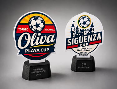 Trofeos personalizados para torneos de fútbol Oliva Playa Cup y Sigüenza Cup, con bases fabricadas m