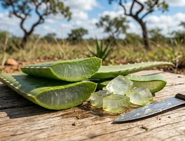 Fatias de folhas frescas de babosa (Aloe vera) e cubos de gel transparente sobre uma tábua rústica.